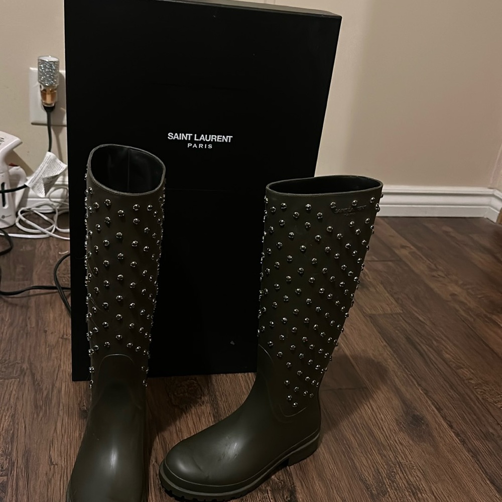 Yves Saint Laurent Olive Green Studded Knee-High Rain Boots